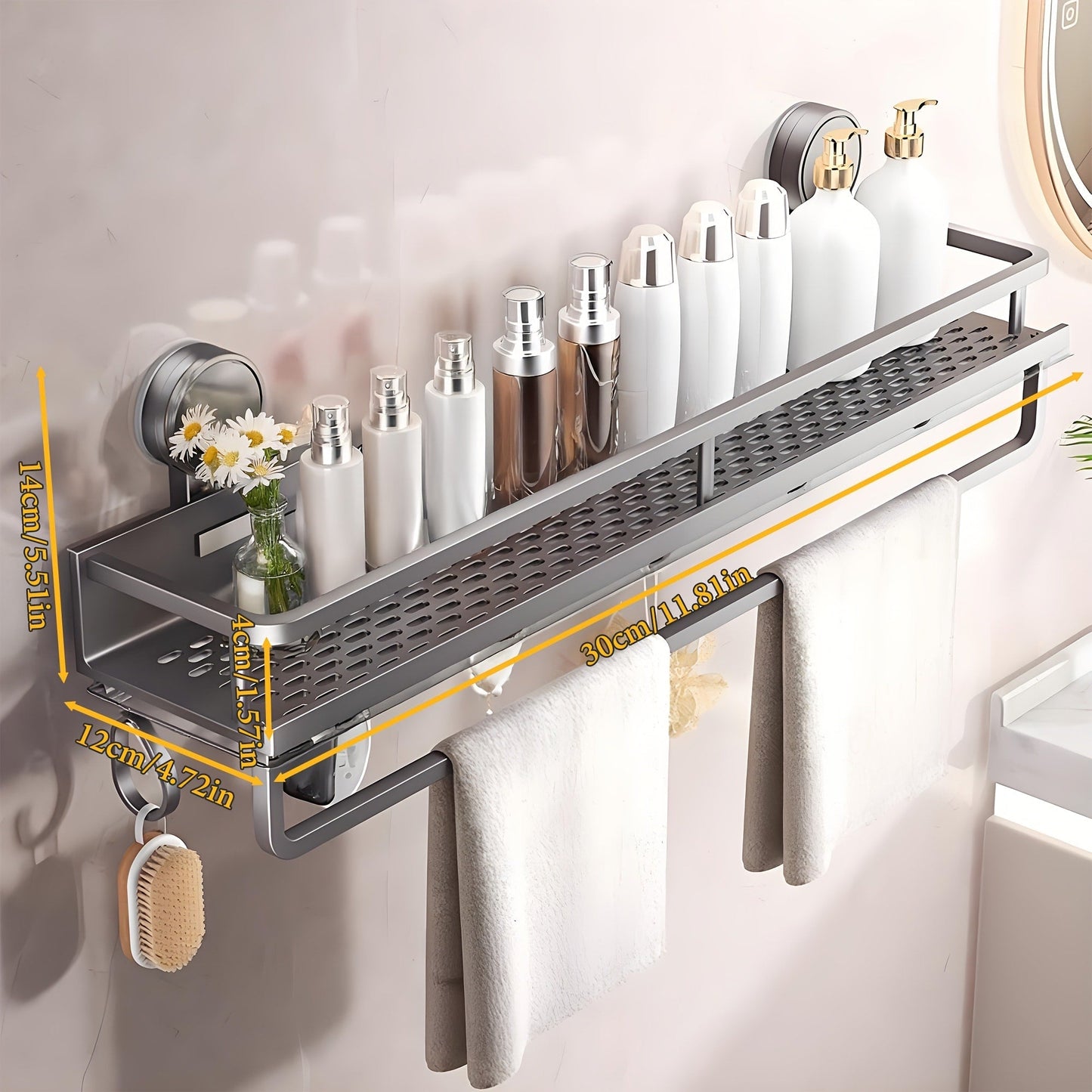 Suction Cup Shower Caddy with Towel Holder Bar, Wall-Mounted Bathroom Shelf Organizer for Shampoo Soap, Heavy-Duty Floating Shower Shelves