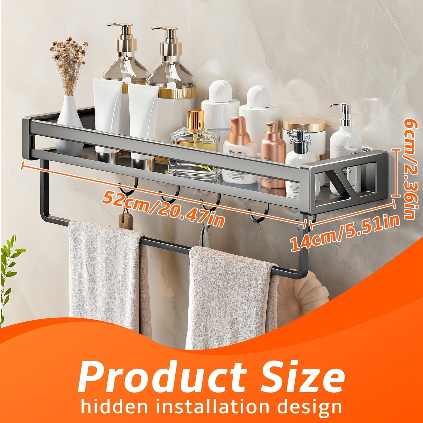 Suction Cup Shower Caddy with Towel Holder Bar, Wall-Mounted Bathroom Shelf Organizer for Shampoo Soap, Heavy-Duty Floating Shower Shelves
