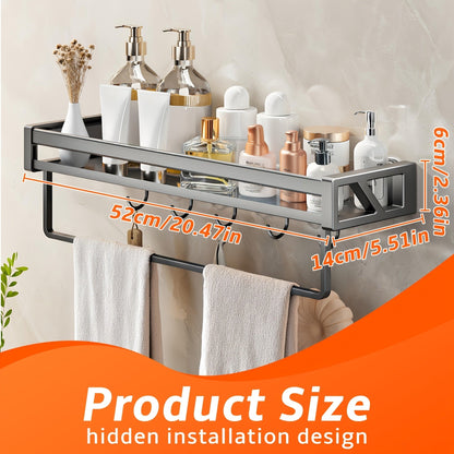 Suction Cup Shower Caddy with Towel Holder Bar, Wall-Mounted Bathroom Shelf Organizer for Shampoo Soap, Heavy-Duty Floating Shower Shelves