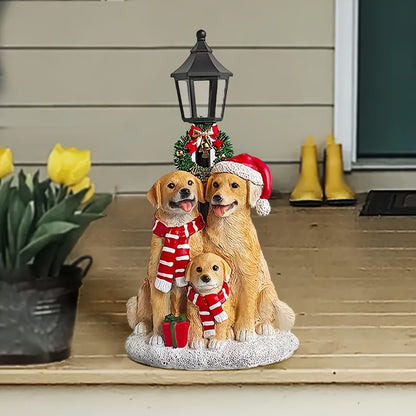 Golden Retriever Family LED Christmas Figurines - Realistic Resin Dog Statues with Santa Hats