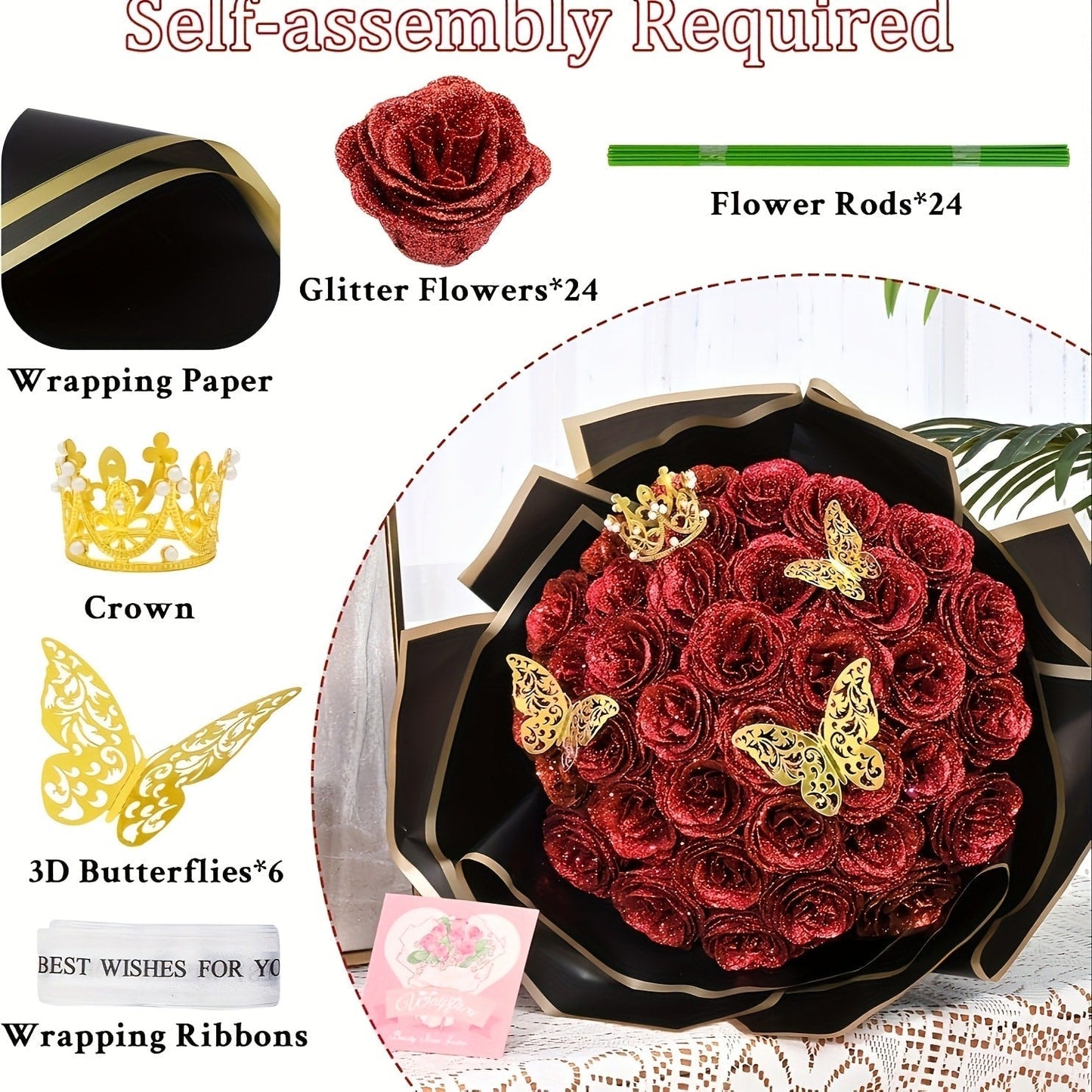 Artificial Rose Bouquet 24 Glitter Roses with 6 Golden Butterflies, Everlasting Shiny Fake Flower Bouquet for Wedding