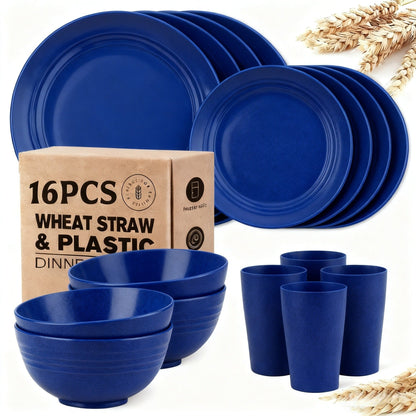 Wheat Straw Dinnerware Set 16 or 32 Piece – Plates & Bowls for 4 or 8 People, Microwave & Dishwasher Safe Plastic Dish Set