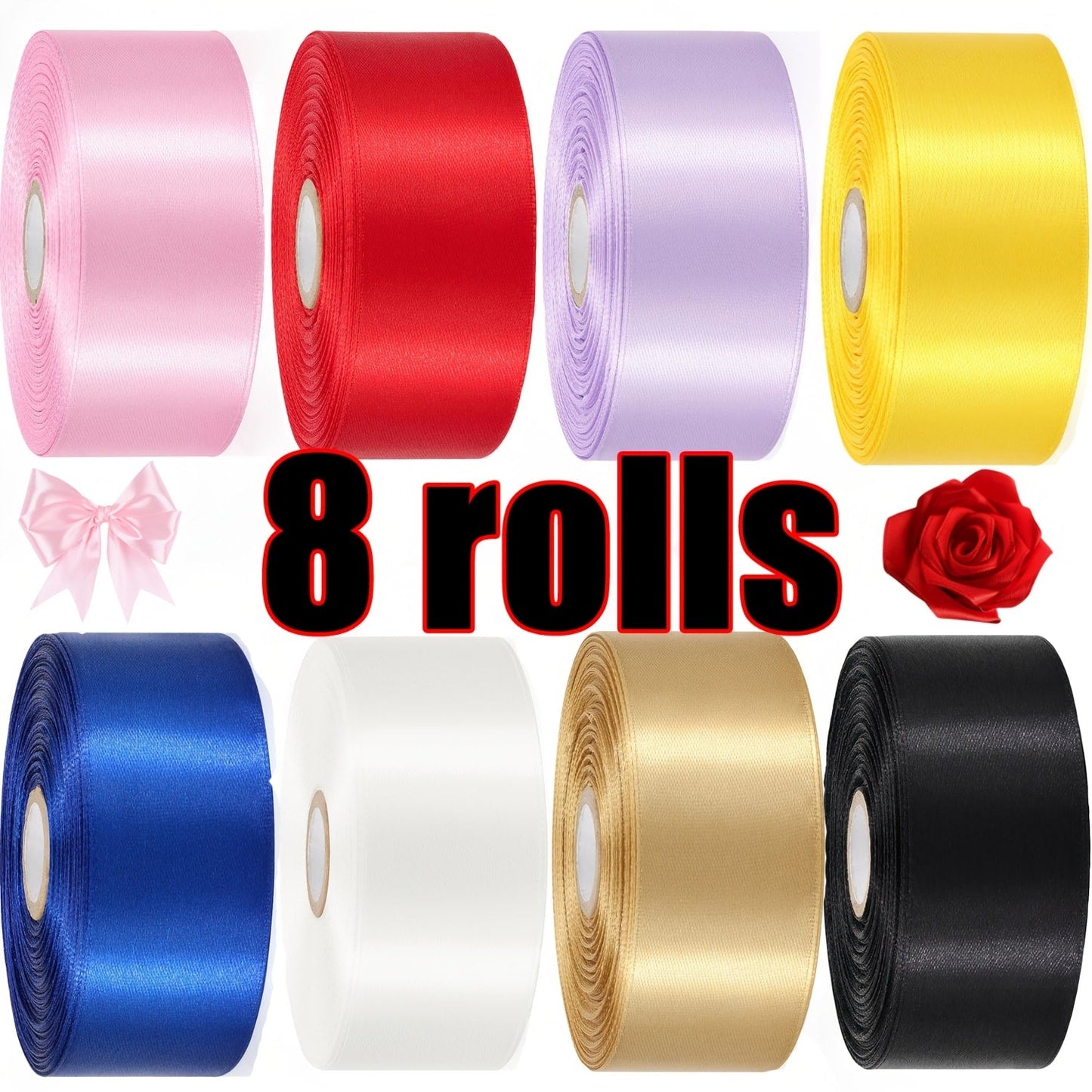 Satin Ribbon 1.5 Inch Wide – 8 Rolls 200 Yards Assorted Colors, Solid Color Silk Ribbon for Gift Wrapping, Hair Bows, Wedding, Party