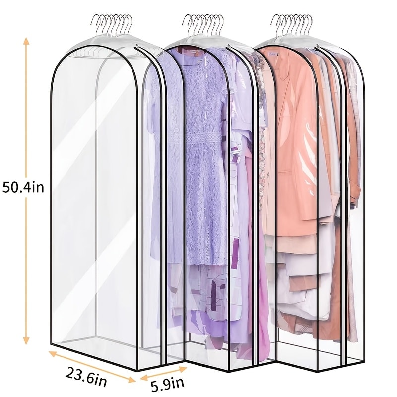 Garment Bags for Hanging Clothes, 3-Pack Transparent Suit Bags with Zipper, Heavy Duty EVA Coat Covers for Wardrobe Closet Storage