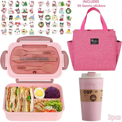 Sanrio Lunch Box Set 53pcs Bento Box with Thermal Bag Breakfast Cup Portable Sealed Compartment Microwave for Work Picnic School