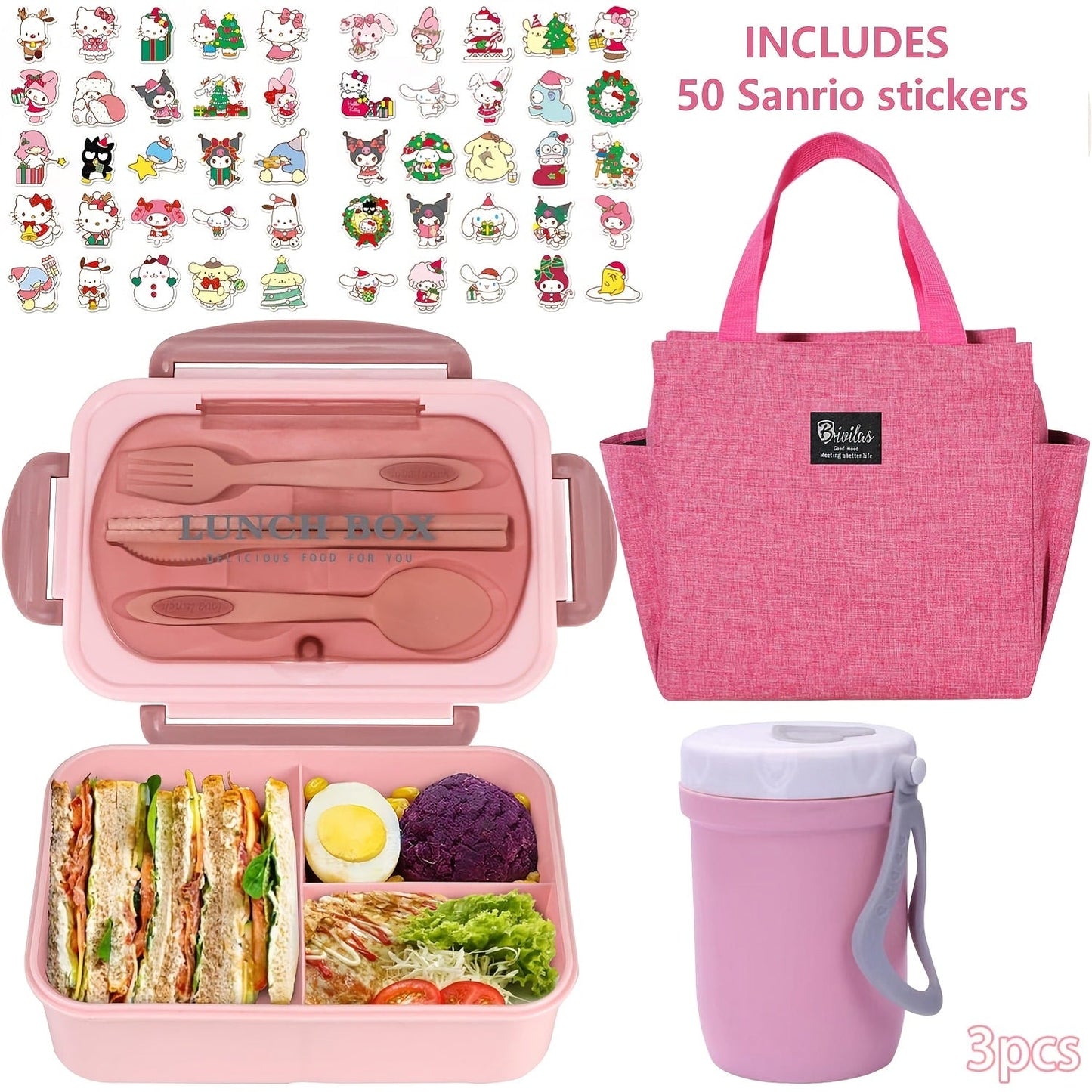Sanrio Lunch Box Set 53pcs Bento Box with Thermal Bag Breakfast Cup Portable Sealed Compartment Microwave for Work Picnic School