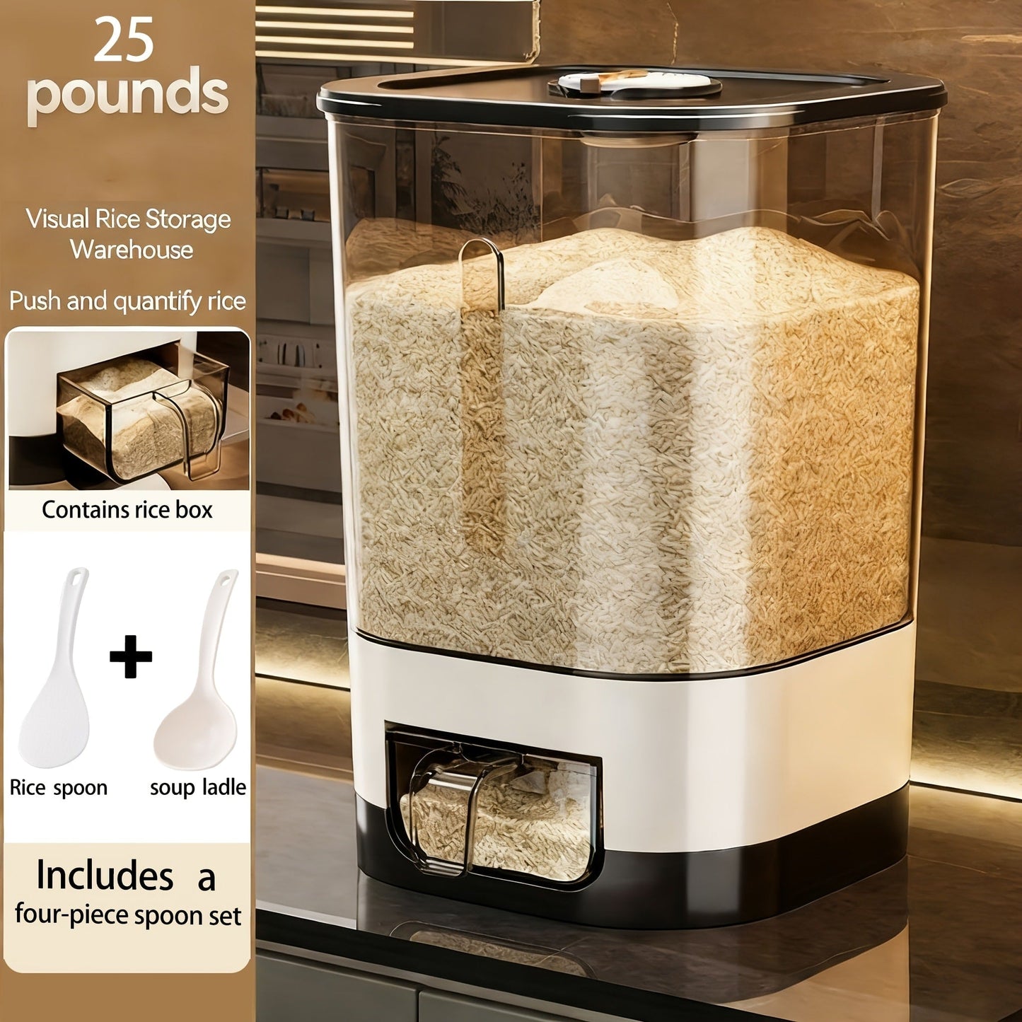 Airtight Rice Container with Measuring Cup, Large Moisture-Proof Rice Dispenser for Rice, Grains