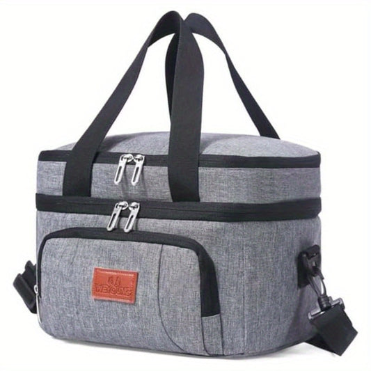 Double-Deck Lunch Tote with Front Pocket and Shoulder Strap in Gray, Blue, Black or Pink Options