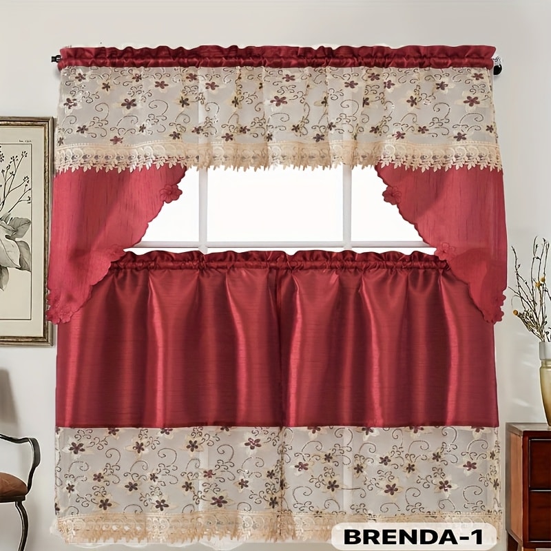Kitchen Curtains 3 Piece Set Embroidered Satin Valance and Tiers – Rod Pocket Light Filtering Machine Washable 46 Colors