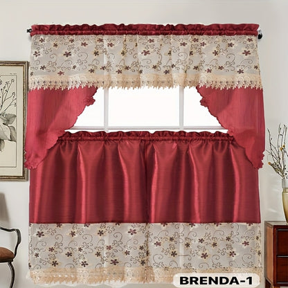Kitchen Curtains 3 Piece Set Embroidered Satin Valance and Tiers – Rod Pocket Light Filtering Machine Washable 46 Colors