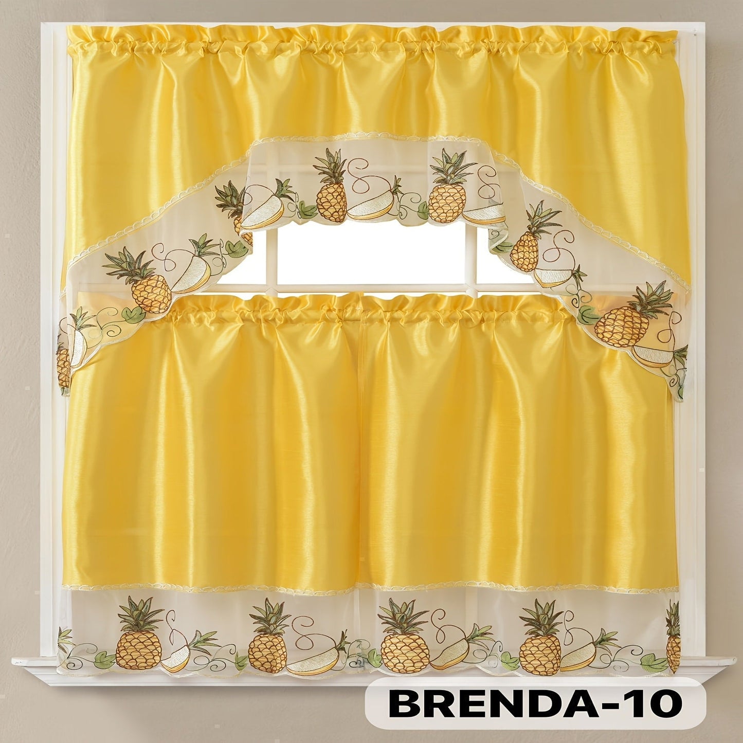 Kitchen Curtains 3 Piece Set Embroidered Satin Valance and Tiers – Rod Pocket Light Filtering Machine Washable 46 Colors
