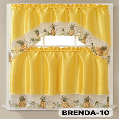 Kitchen Curtains 3 Piece Set Embroidered Satin Valance and Tiers – Rod Pocket Light Filtering Machine Washable 46 Colors