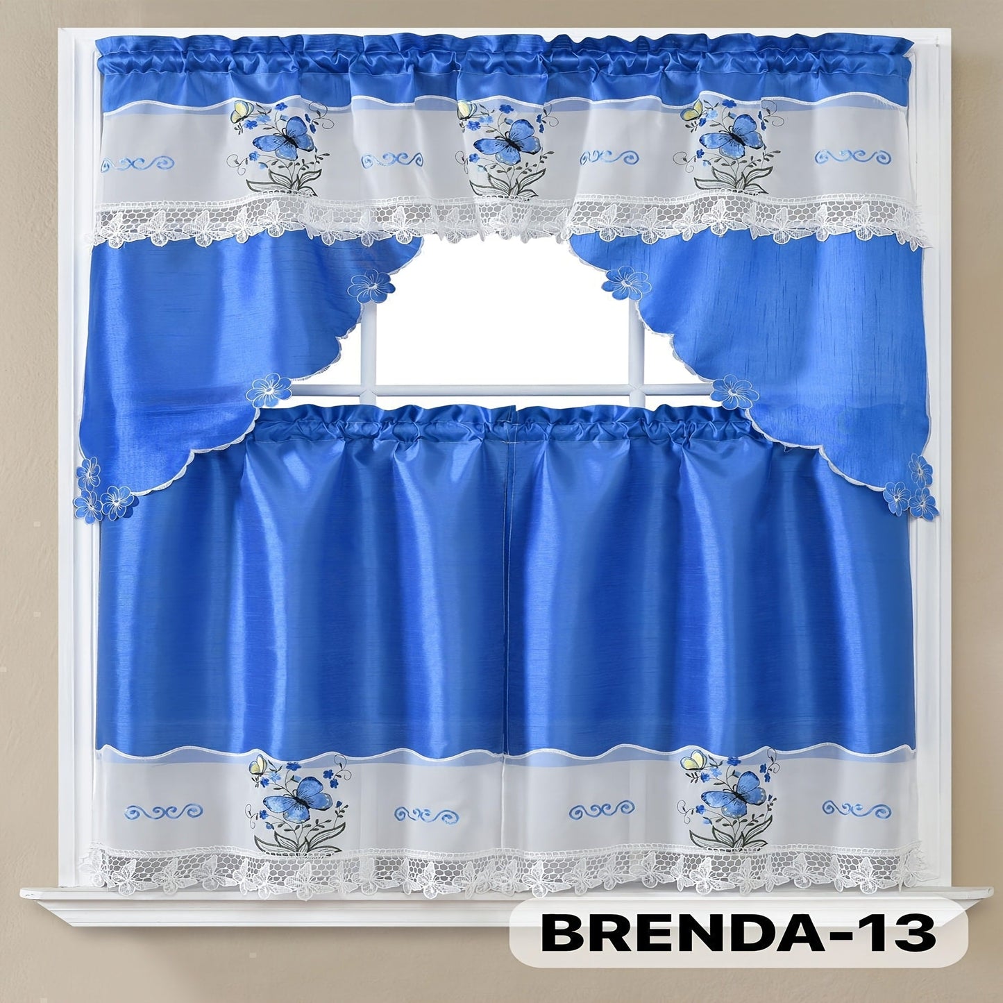 Kitchen Curtains 3 Piece Set Embroidered Satin Valance and Tiers – Rod Pocket Light Filtering Machine Washable 46 Colors