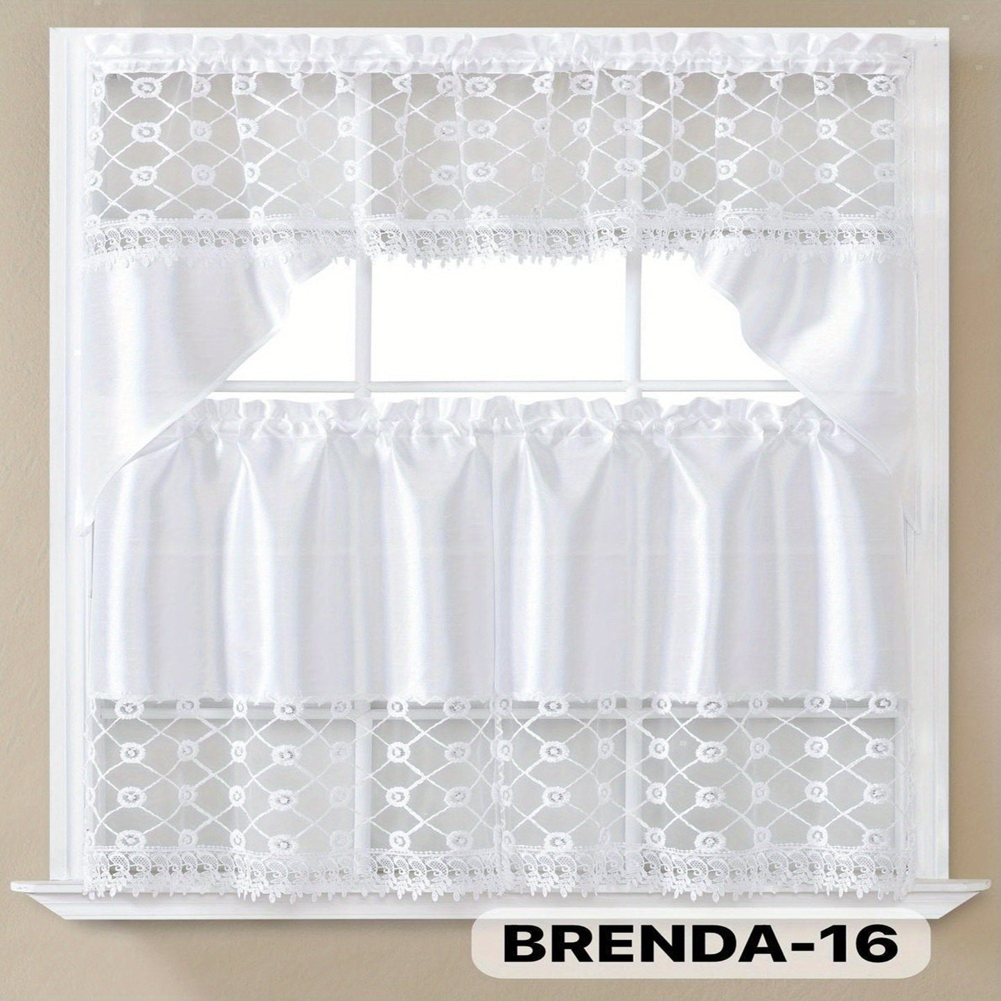 Kitchen Curtains 3 Piece Set Embroidered Satin Valance and Tiers – Rod Pocket Light Filtering Machine Washable 46 Colors