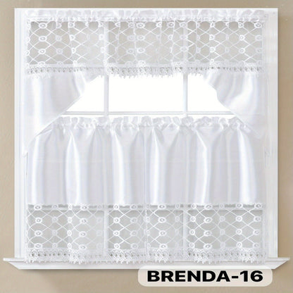 Kitchen Curtains 3 Piece Set Embroidered Satin Valance and Tiers – Rod Pocket Light Filtering Machine Washable 46 Colors