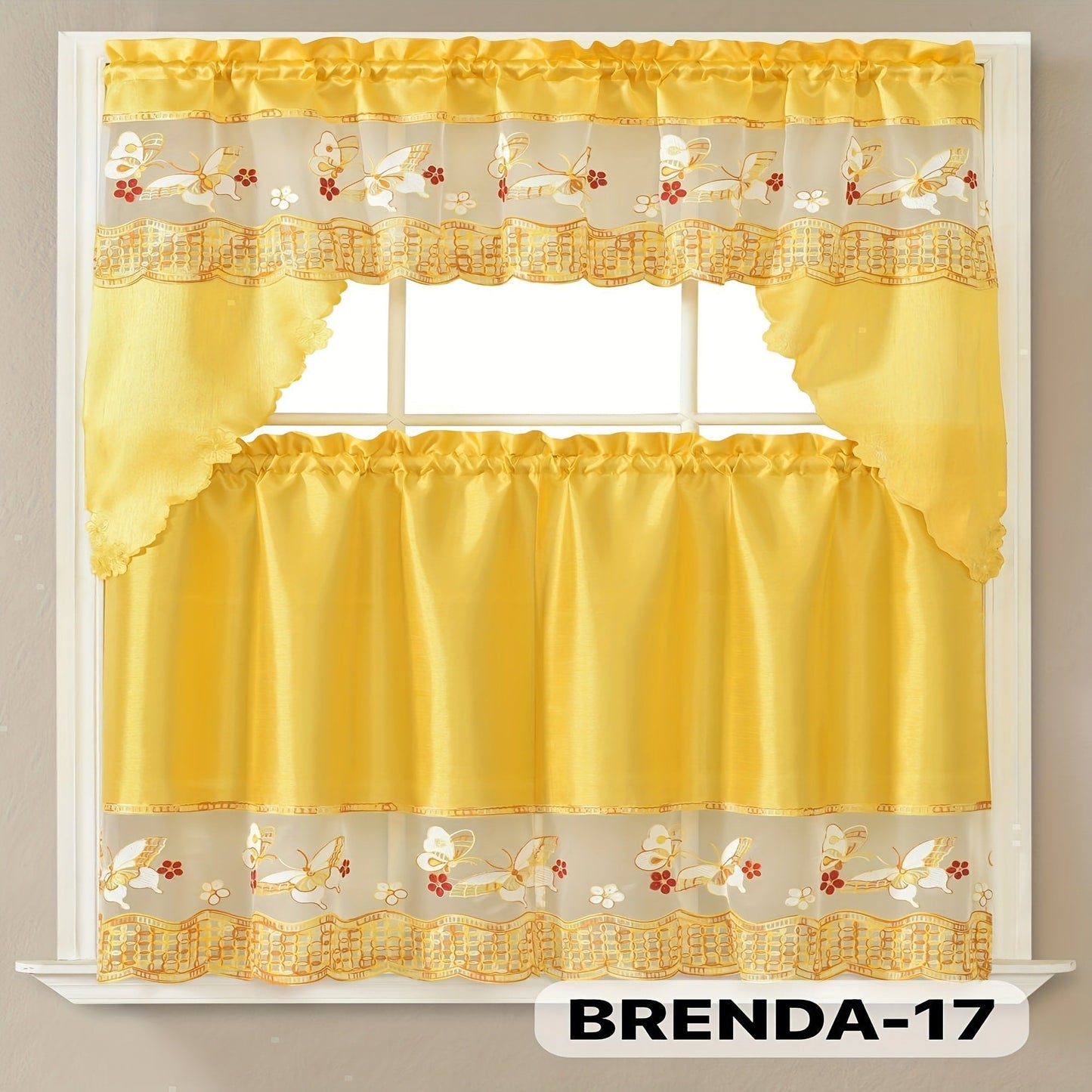 Kitchen Curtains 3 Piece Set Embroidered Satin Valance and Tiers – Rod Pocket Light Filtering Machine Washable 46 Colors