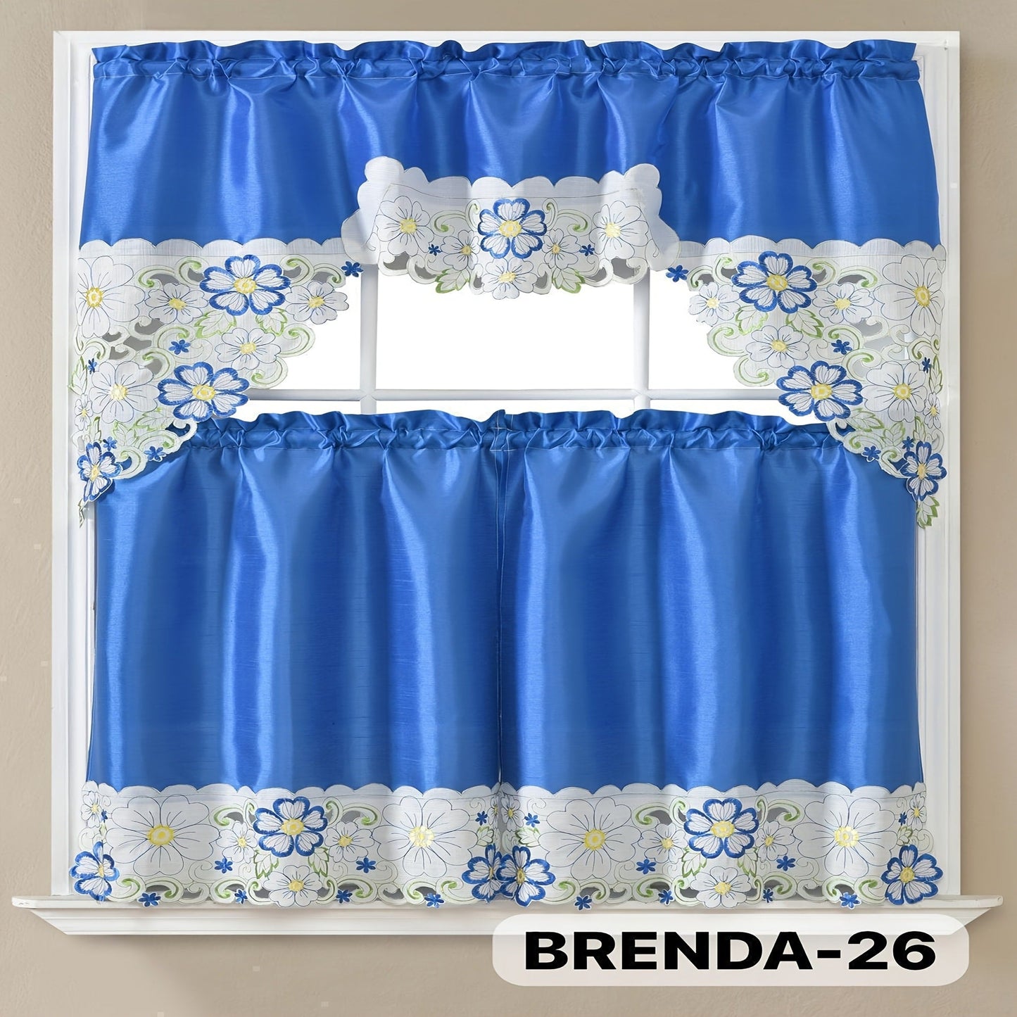 Kitchen Curtains 3 Piece Set Embroidered Satin Valance and Tiers – Rod Pocket Light Filtering Machine Washable 46 Colors