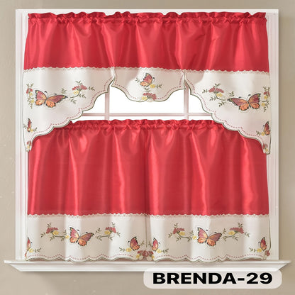 Kitchen Curtains 3 Piece Set Embroidered Satin Valance and Tiers – Rod Pocket Light Filtering Machine Washable 46 Colors