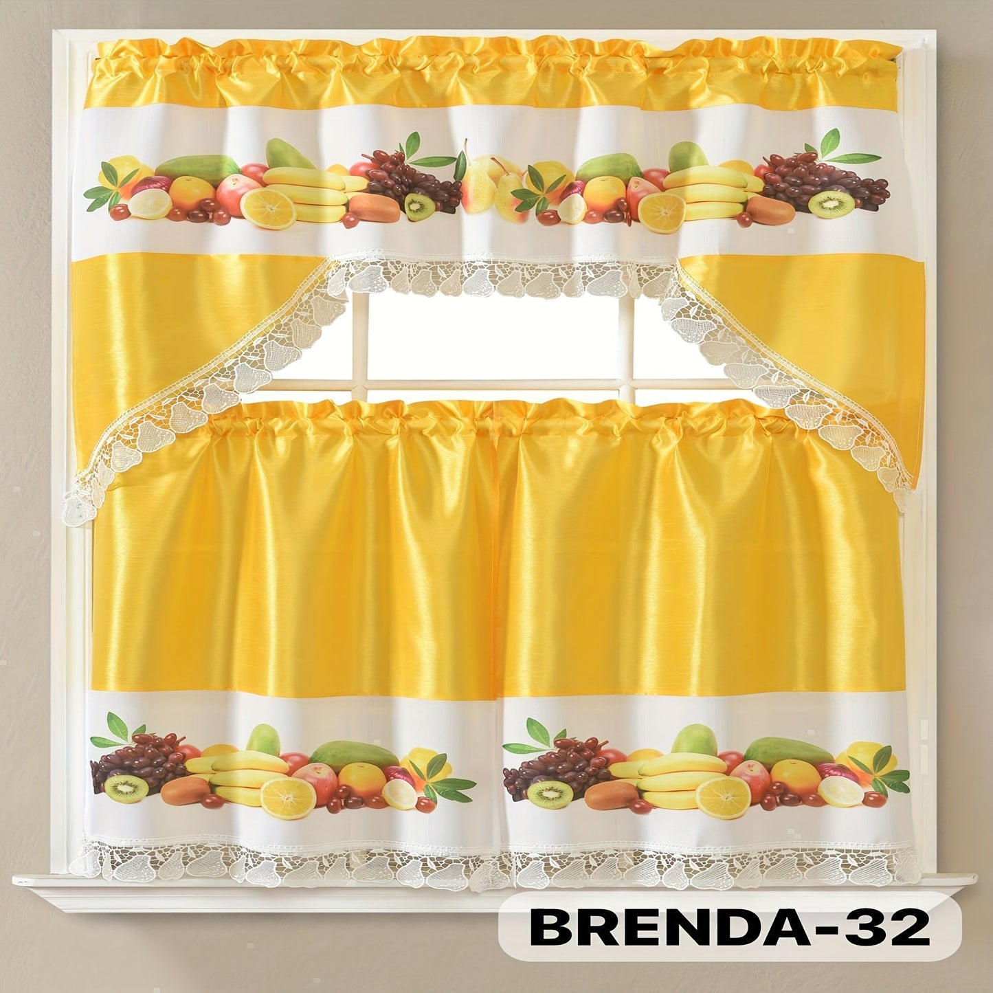 Kitchen Curtains 3 Piece Set Embroidered Satin Valance and Tiers – Rod Pocket Light Filtering Machine Washable 46 Colors