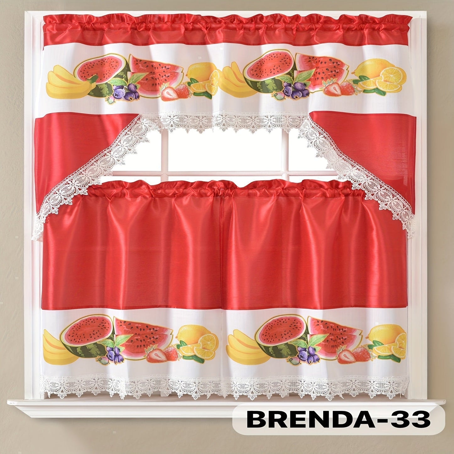 Kitchen Curtains 3 Piece Set Embroidered Satin Valance and Tiers – Rod Pocket Light Filtering Machine Washable 46 Colors