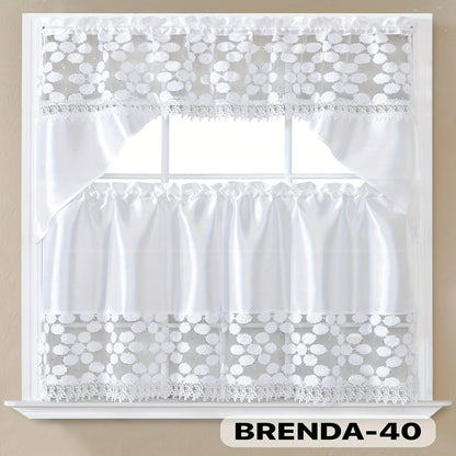 Kitchen Curtains 3 Piece Set Embroidered Satin Valance and Tiers – Rod Pocket Light Filtering Machine Washable 46 Colors