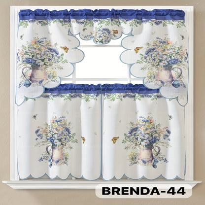 Kitchen Curtains 3 Piece Set Embroidered Satin Valance and Tiers – Rod Pocket Light Filtering Machine Washable 46 Colors