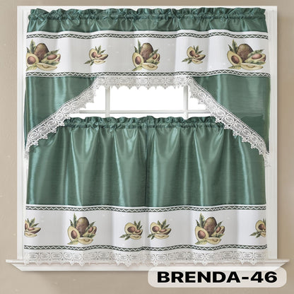Kitchen Curtains 3 Piece Set Embroidered Satin Valance and Tiers – Rod Pocket Light Filtering Machine Washable 46 Colors