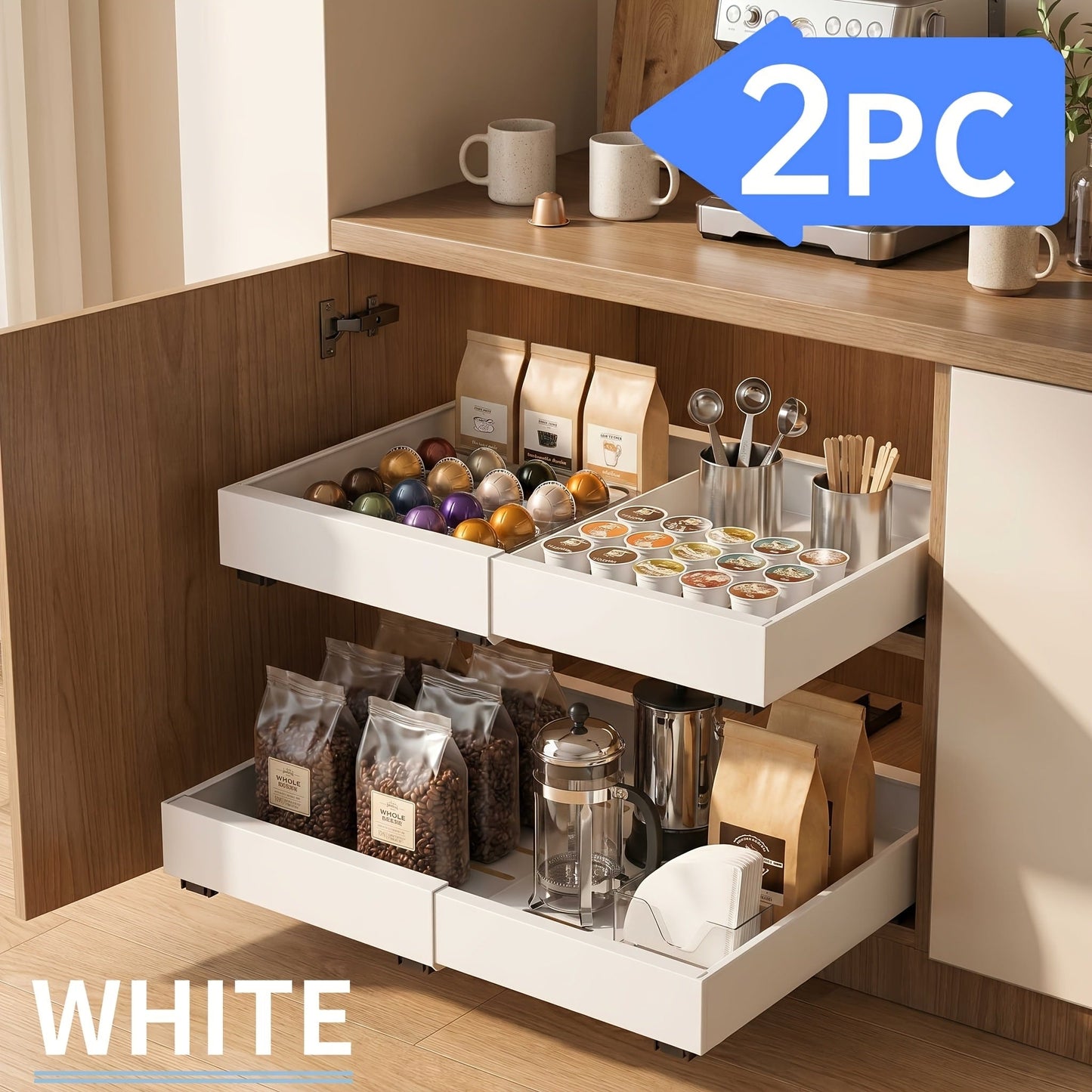 Expandable Pull-Out Cabinet Organizer with 12.6-20.5 Inch Width, Three-Track Slides and 2- or 4-Drawer Options