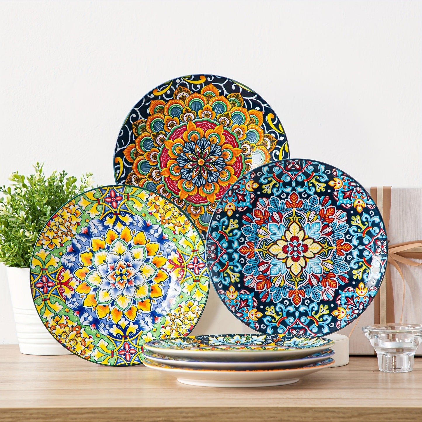 Bohemian Ceramic Dessert Plate Set of 6 – 8.5 Inch Colorful Abstract Pattern Dinnerware, Glazed Porcelain Plates