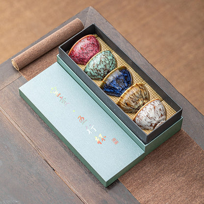 Jianzhan Ceramic Tea Cups Set of 5, Handmade Kiln-Changed Glazed Kung Fu Teacups, Traditional Chinese Porcelain