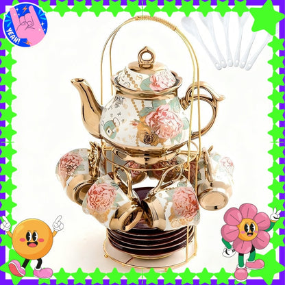 20-Piece Floral Ceramic Tea Set with Saucers & Metal Stand, European Afternoon Tea Service, Blooming Design