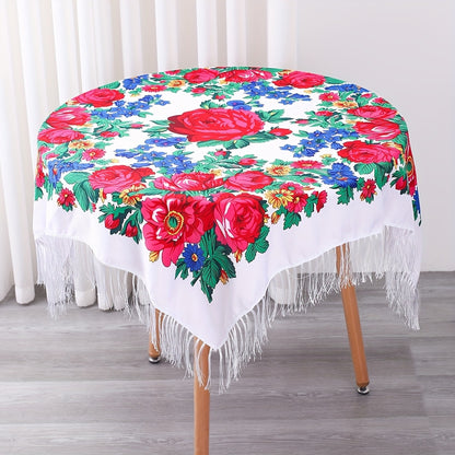 Tablecloth Square 53-Inch Floral Cover with Tassel Trim, Polyester Fabric and Six Color Options