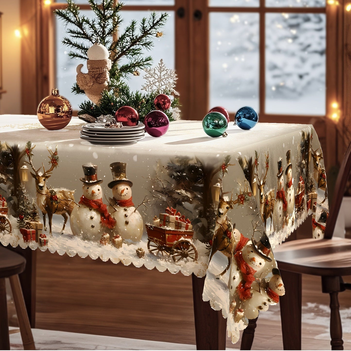 Tablecloth with Snowman, Reindeer and Christmas Tree Print in Round, Oval and Rectangle Sizes