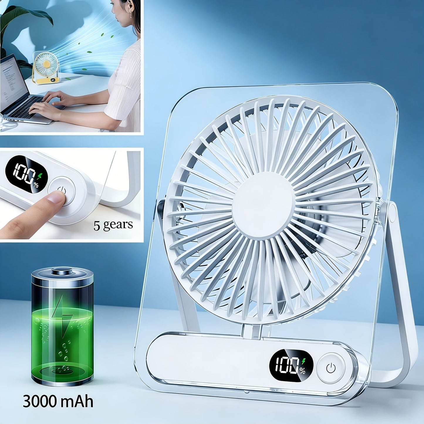 Portable USB Desktop Fan 3000mAh Battery, Ultra-Quiet 5-Speed Foldable Fan with 180° Adjustable Tilt and Digital Power Display