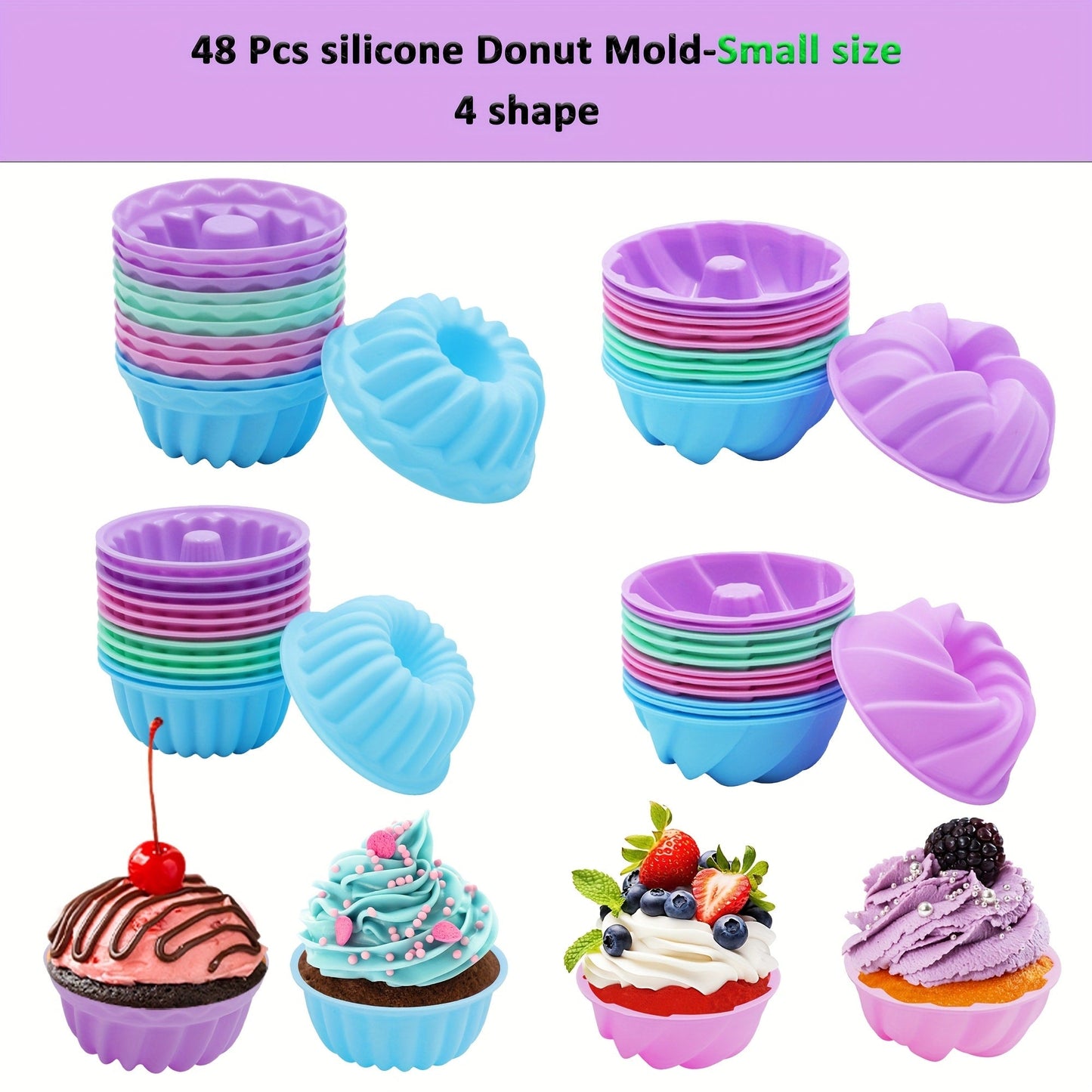 Silicone Donut Mold 48pcs, Nonstick Silicone Baking Cups with 4 Shapes (Thread, Woven, Pumpkin, Flower), Muffin Jello Bagel Pan