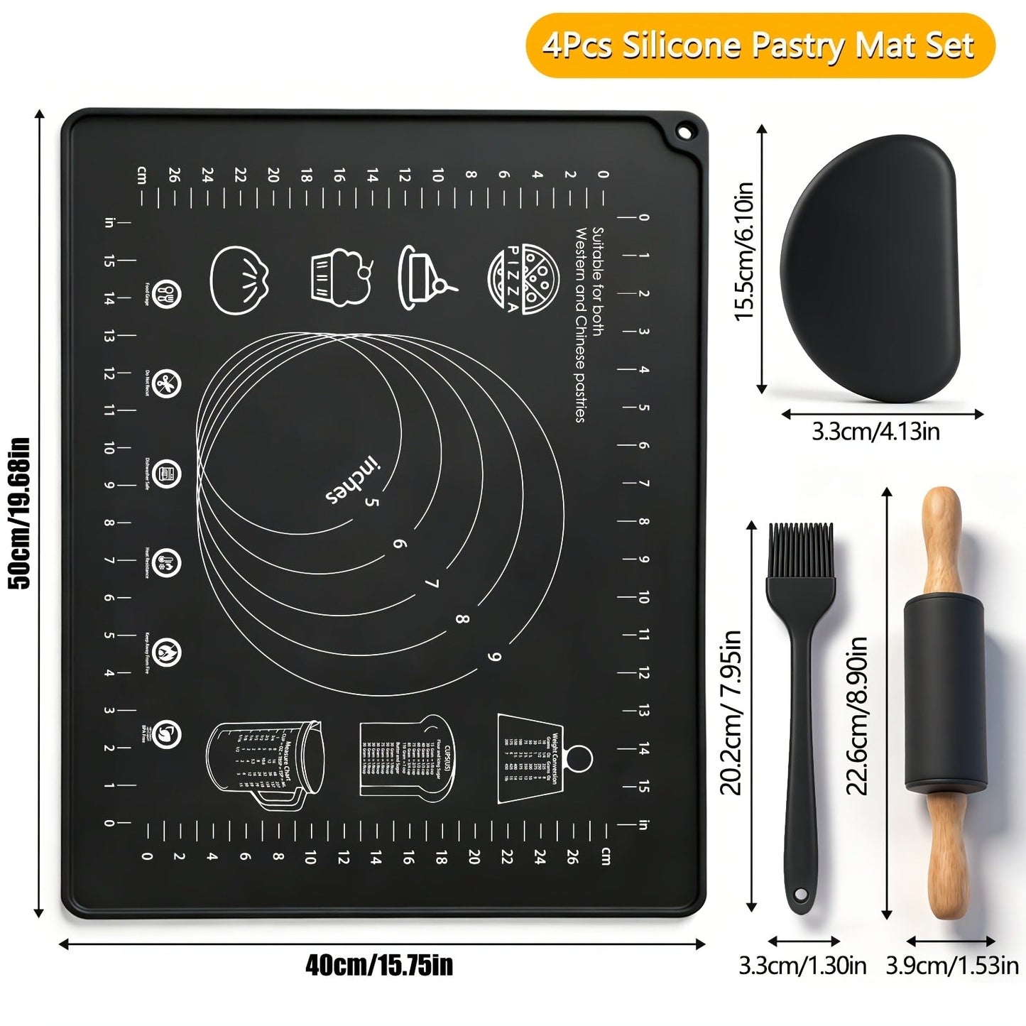 Silicone Baking Mat Set 4pcs, Extra Thick Non-Stick Pastry Mat with Measurement Scales, Non-Slip Dough Kneading Mat, Includes Rolling Pin