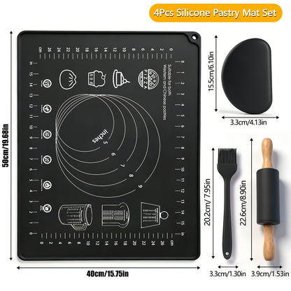 Silicone Baking Mat Set 4pcs, Extra Thick Non-Stick Pastry Mat with Measurement Scales, Non-Slip Dough Kneading Mat, Includes Rolling Pin