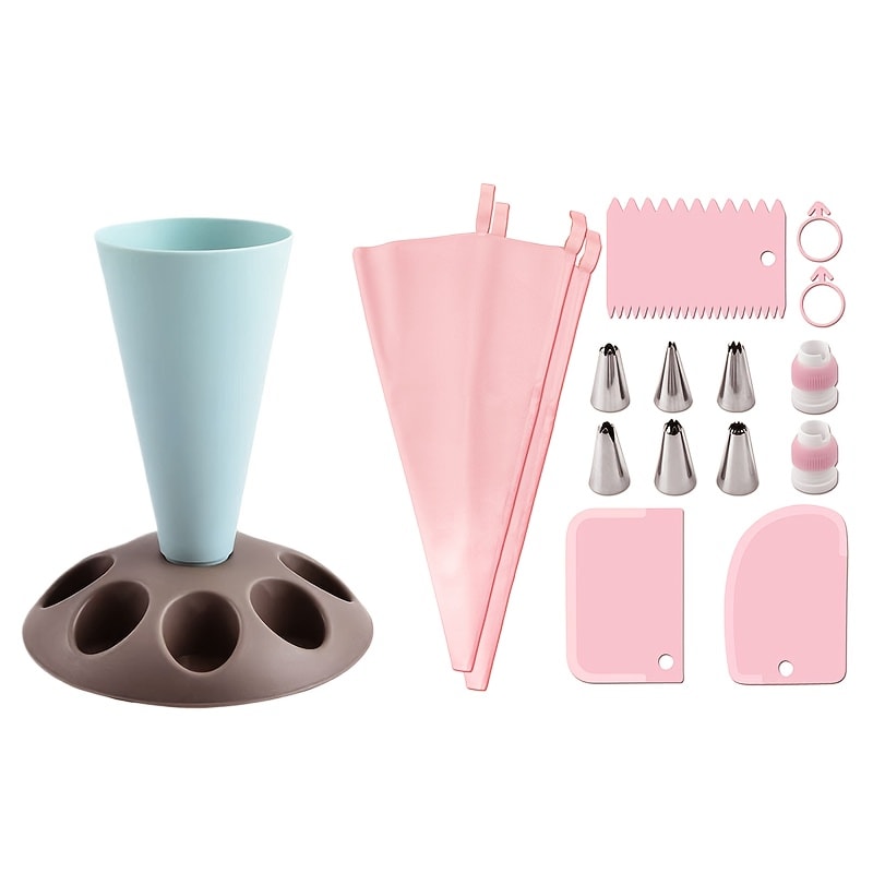 Piping Bag Holder Set 17pcs, Multi-Bag Icing Stand with Various Nozzle Tips for Cake Decorating, Cupcake Frosting, Cookie Decorating