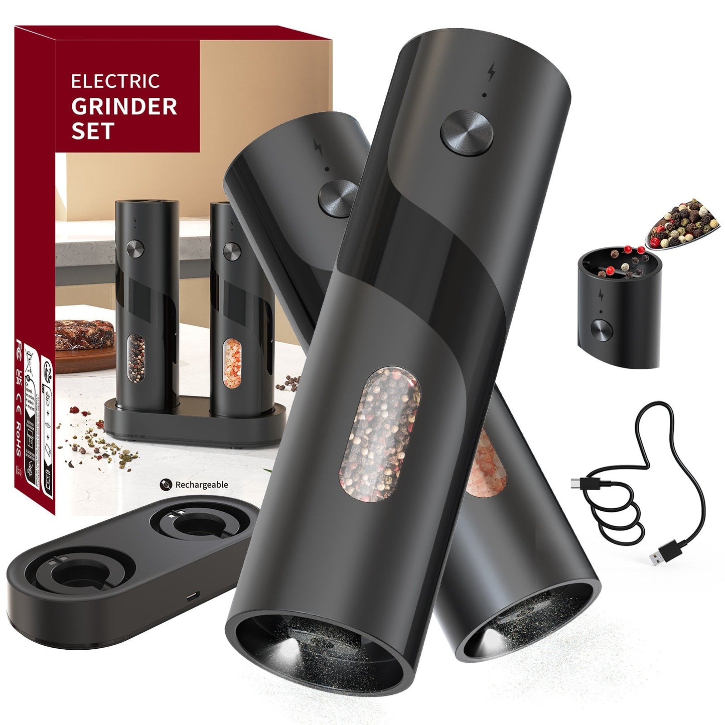 Electric Salt and Pepper Grinder Set with LED Light & Gravity Sensor, USB Rechargeable, Top-Fill