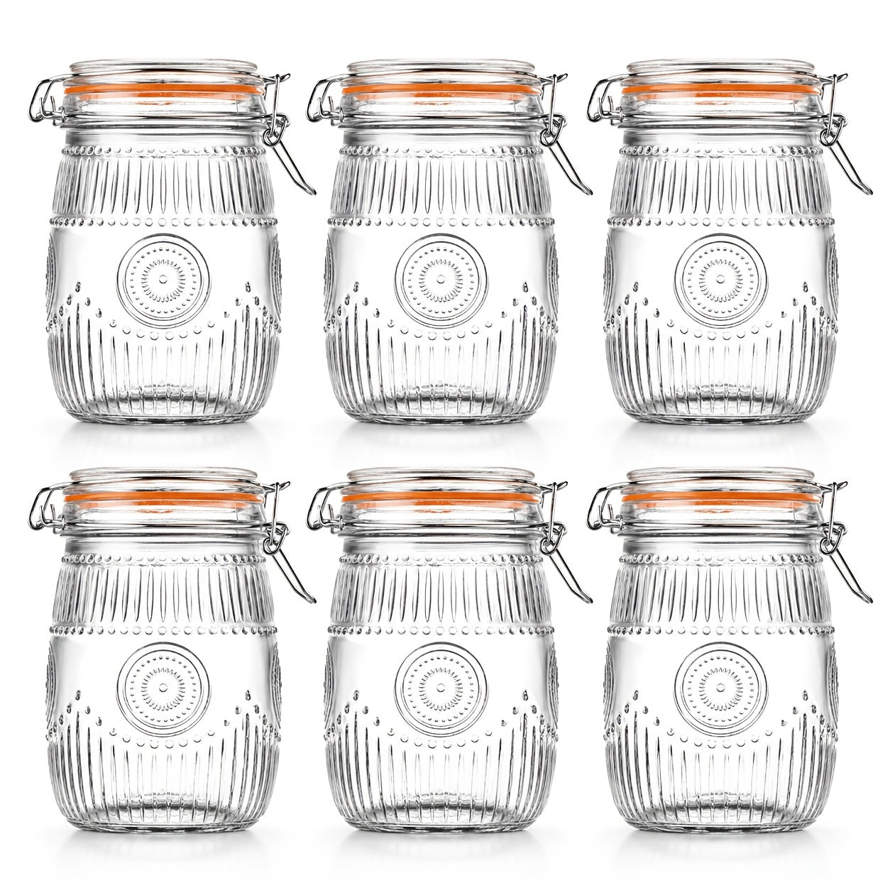 Mason Jars 6-Pack, 32 oz Wide-Mouth Glass Canisters with Hinged Lids and Sunflower Pattern for Coffee, Sugar, Beans and Spices