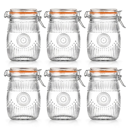 Mason Jars 6-Pack, 32 oz Wide-Mouth Glass Canisters with Hinged Lids and Sunflower Pattern for Coffee, Sugar, Beans and Spices
