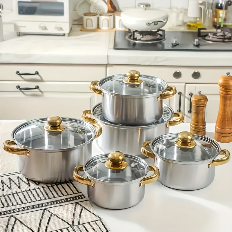 304 Stainless Steel Cookware Set with Golden Handles, 1/10/15pcs Deep Thick Soup Pot & Pan Set for Induction & Gas Stoves