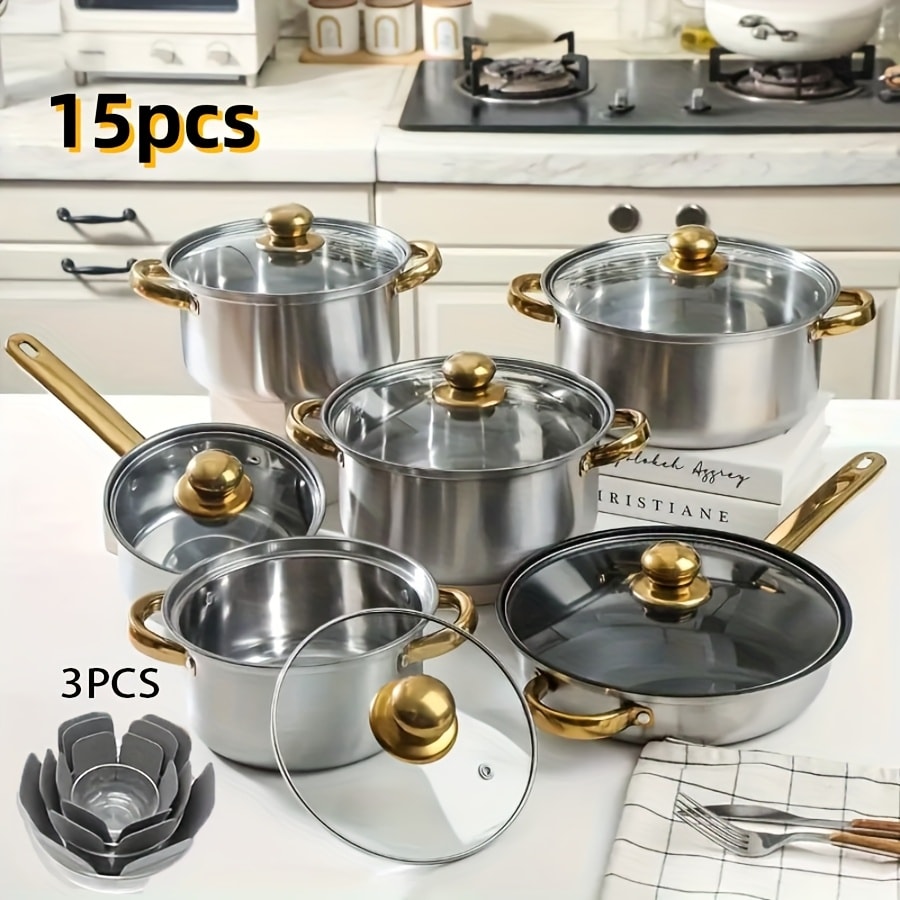 304 Stainless Steel Cookware Set with Golden Handles, 1/10/15pcs Deep Thick Soup Pot & Pan Set for Induction & Gas Stoves