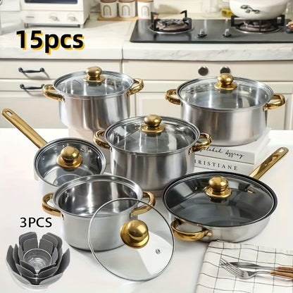 304 Stainless Steel Cookware Set with Golden Handles, 1/10/15pcs Deep Thick Soup Pot & Pan Set for Induction & Gas Stoves