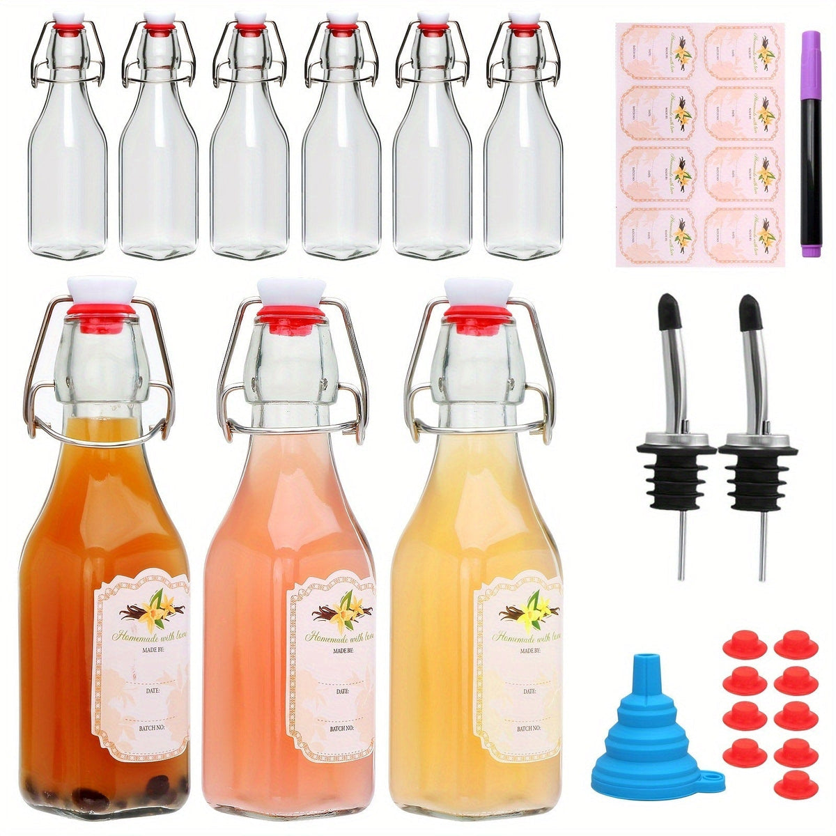 Glass Bottle Set Kitchen Organizer 8 oz Clear Swing-Top Bottles in 6-, 9- or 12-Piece Packs