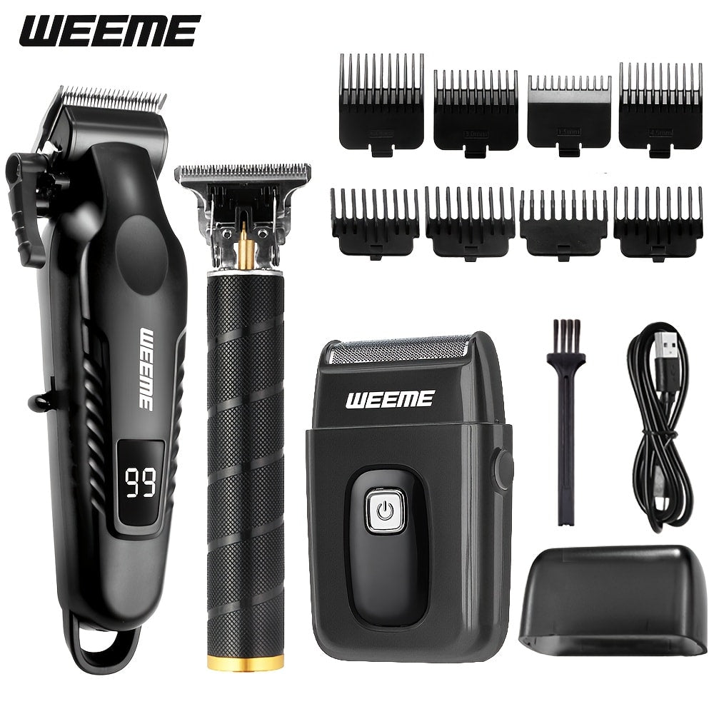 Men's Grooming Barber Haircut Set 2 & 3 Piece – Professional Hair Clipper USB Rechargeable T-Blade Trimmer Razor with 8 Limit Combs Complete