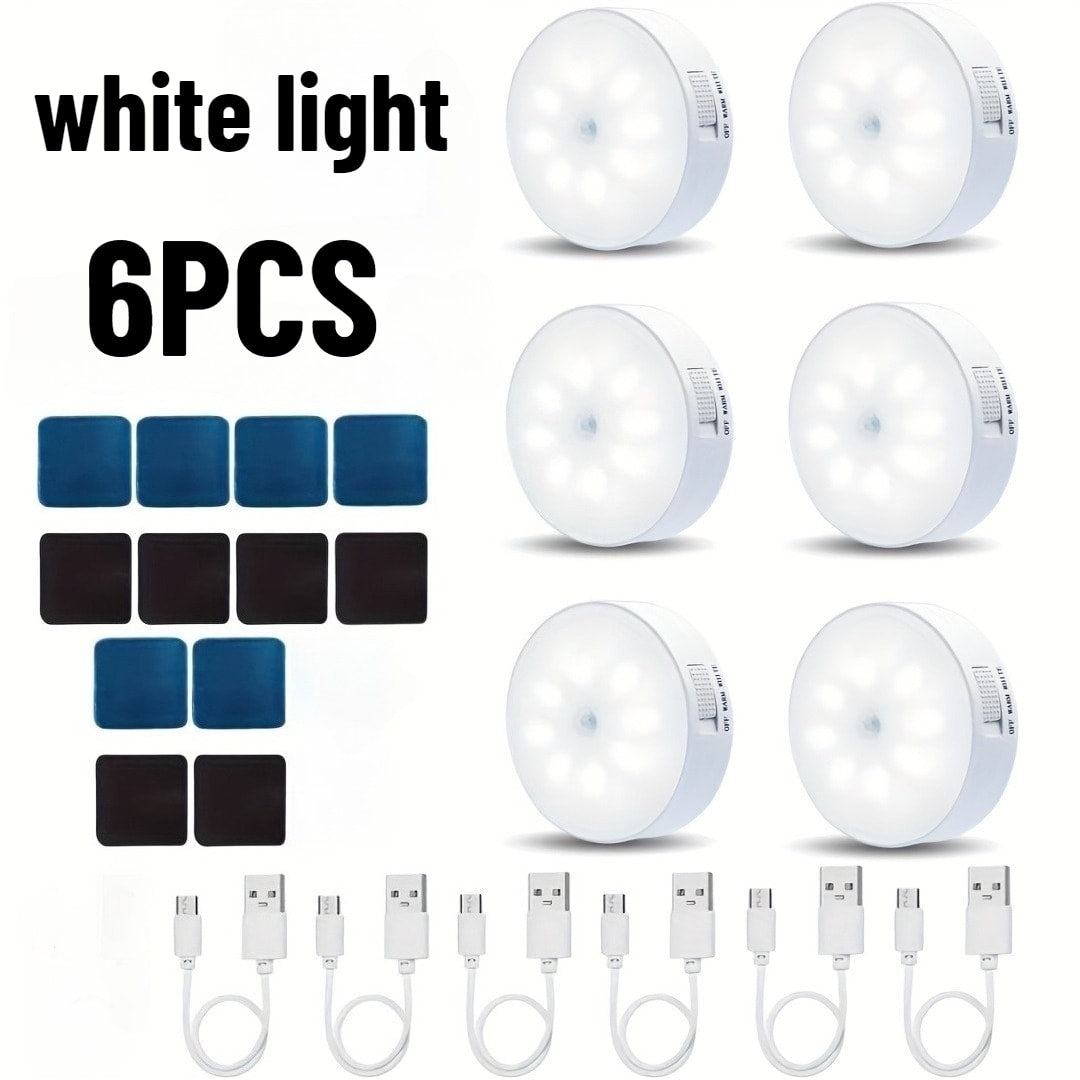 Night Light Motion Sensor 8-LED Puck Set with USB Rechargeable Power, Warm or White Light in 6- and 12-Piece Packs