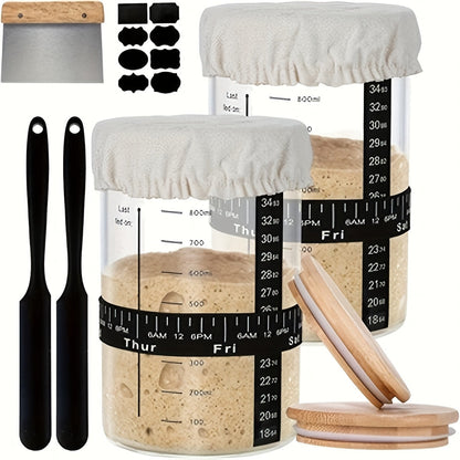Sourdough Starter Jar 24oz with Lid & Accessories Kit, Glass Bread Starter Container with Silicone Scraper
