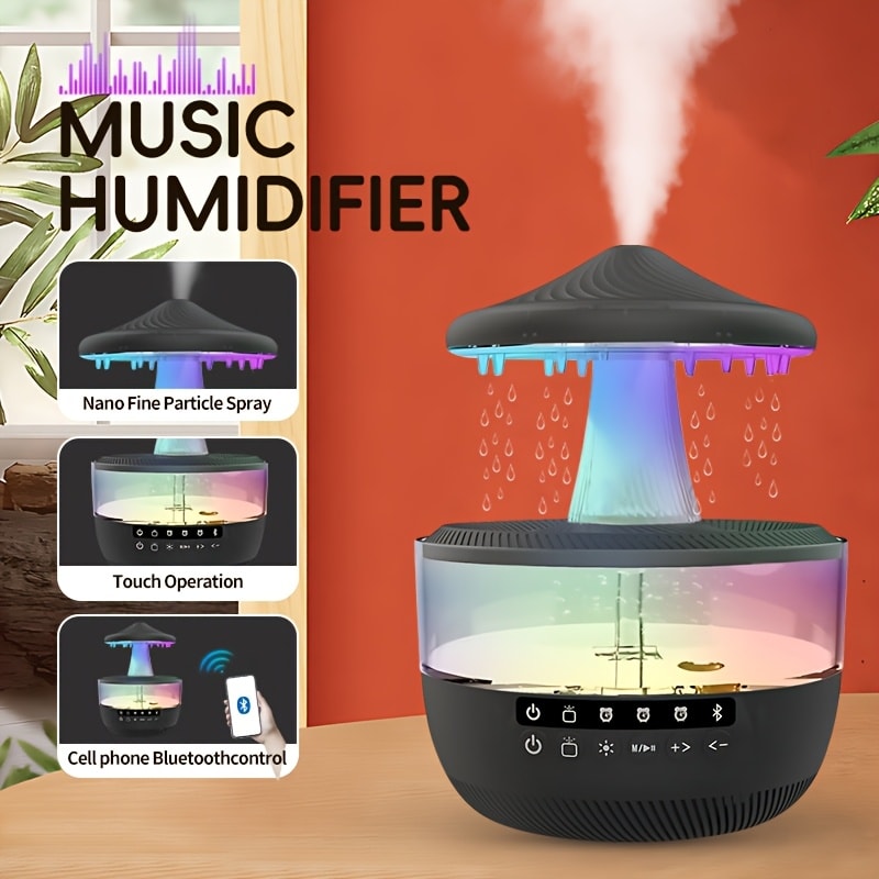 Cool Mist Humidifier with 7-Color Night Light Raindrop Music Design Dual Mist Output 26dB Ultra-Quiet 24H Operation Visible Water Level
