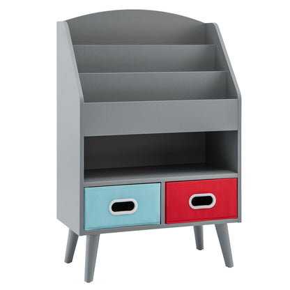 Kids Bookshelf 3-Tier with 2 Fabric Bins Open Compartments Anti-Tip Safety Design Sturdy MDF for Entryways, Bedrooms and Living Spaces